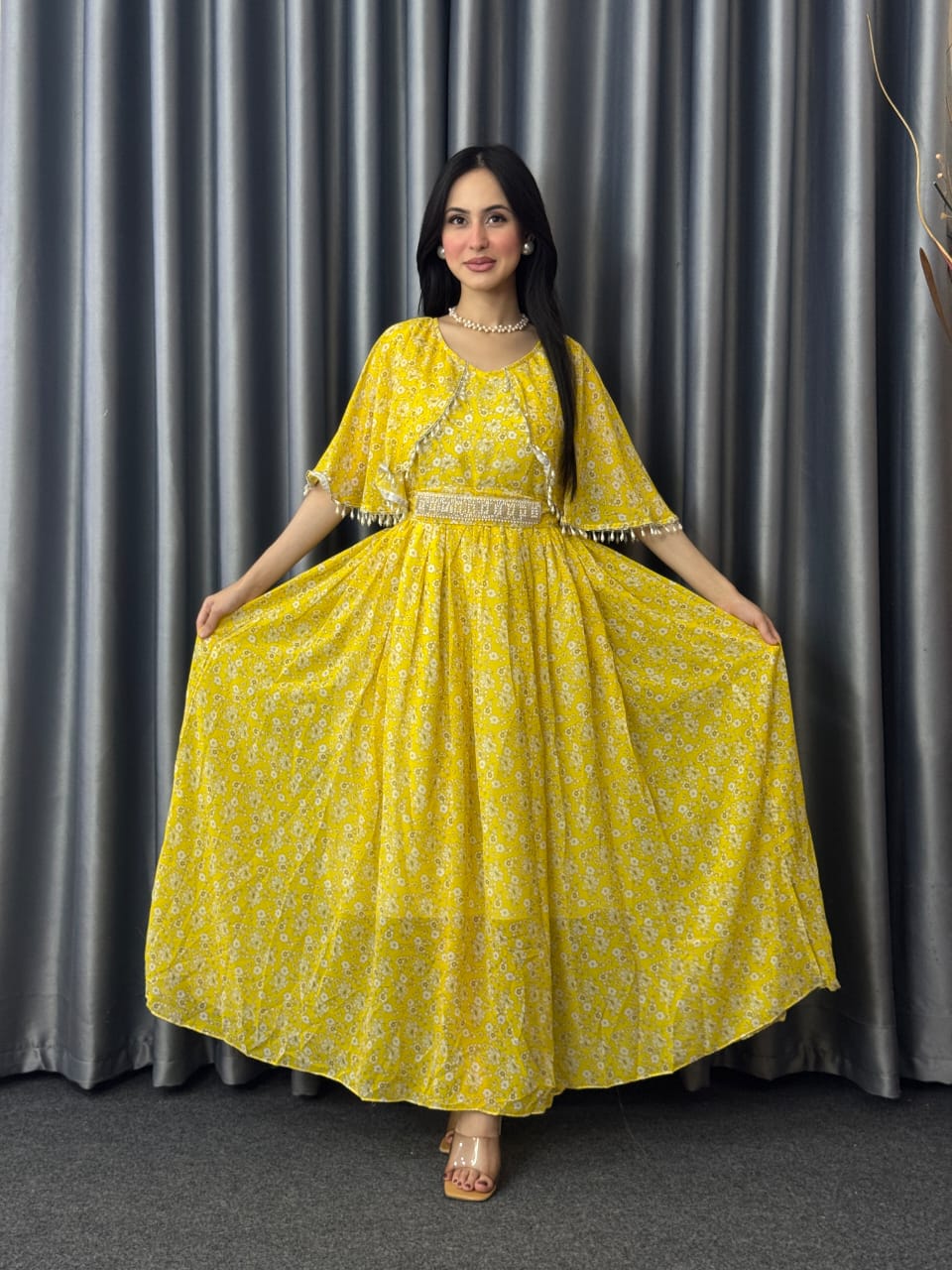 Premium Floral Gown Yellow colour